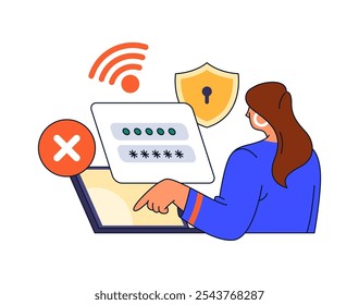 Privacidade e segurança na Web, ilustração de vetor de desenho animado plano. Cibersegurança e segurança digitais para dados e informações pessoais. Mulher usando laptop para acessar conta, digitando senha