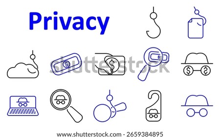 Privacy set icon. Collection of icons related to financial secrecy, surveillance, phishing, hidden identity, incognito mode, security symbols, and data theft tools