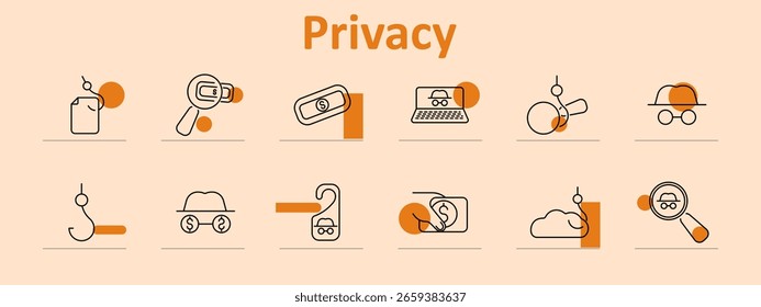Ícone do conjunto de privacidade. Exibe documento, lupa, senha, laptop, chave, carro, gancho de phishing, sinal de maçaneta, máscara de olho, moeda de dólar, tudo estilizado em design seguro e mínimo