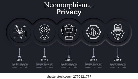 Privacy set icon. Neomorphic circular interface line icons with digital network bug circuit, location marker eye symbol, masked hacker reading laptop screen, insect spyware emblem