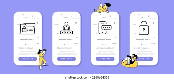 Privacy Set Icon. Private, Personal Data, Hidden, Password, Phone, Lock, User. Technology Concept. UI Phone App Screens With People. Vector Line Icon For Business And Advertising.