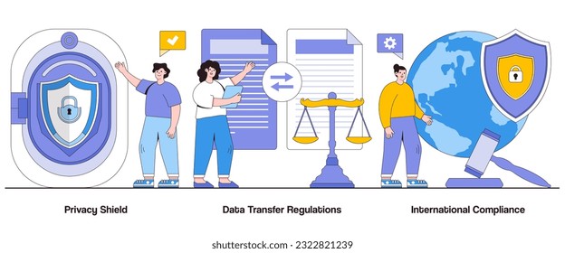 Escudo de privacidad, Regulaciones de transferencia de datos, Concepto de cumplimiento internacional con carácter. Conjunto de ilustraciones de vectores de resumen de privacidad global de datos. Metáfora de transferencia de datos transfronterizos.