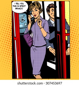 Privacy surveillance the phone conversation the woman. Retro style pop art