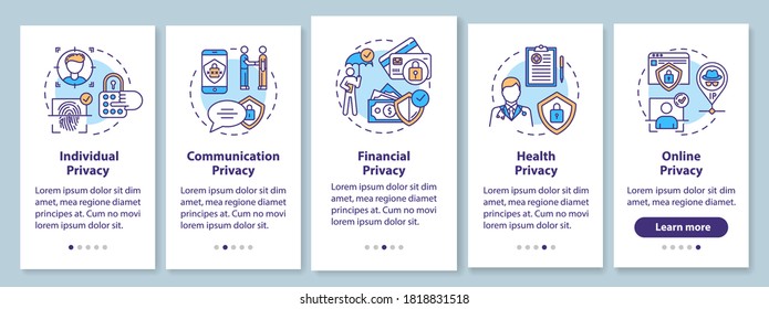 Privacy types onboarding mobile app page screen with concepts. Communication and health privacy. Walkthrough 5 steps graphic instructions. UI vector template with RGB color illustration