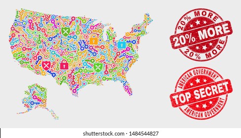 Privacy USA with Alaska map and seals. Red round Top Secret and 20% More textured seals. Bright USA with Alaska map mosaic of different security items. Vector combination for security purposes.