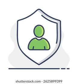 Privacy vector icon. Shield with person silhouette symbol. Personal protection sign. Authentication security icon. Graph symbol for your web site design, logo, app, UI