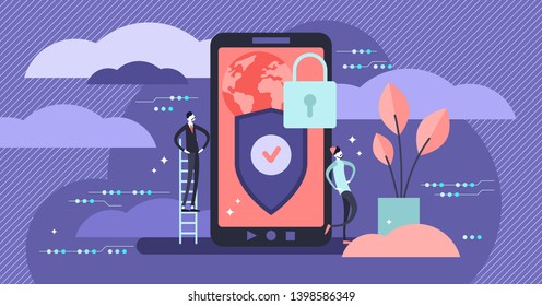 Privacy vector illustration. Flat tiny secured smart phone person concept. Personal information encryption and data protection. Abstract private device digital lock control. Firewall software business