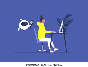 Privacy violation in the office, a robot spying on a young female manager at work, human rights