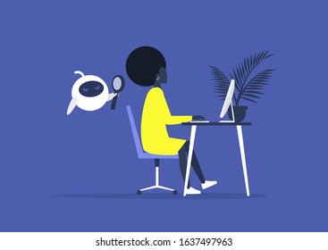 Privacy violation in the office, a robot spying on a young black female manager at work, human rights