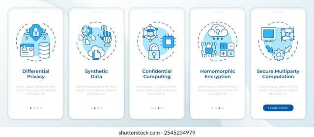 Tecnologías que mejoran la privacidad Pantalla azul del App móvil de incorporación. Instrucciones gráficas editables de 5 pasos con conceptos lineales. PLANTILLA UI, UX, GUI