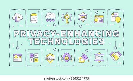 Privacy-enhancing technologies light green word concept. Secure data collection and processing. Typography banner. Vector illustration with title text, editable icons color