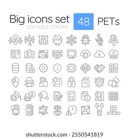 Privacy-enhancing technologies linear icons set. Data security, protection and encryption. Cybersecurity. Customizable thin line symbols. Isolated vector outline illustrations. Editable stroke