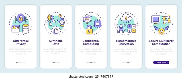 Tecnologías que mejoran la privacidad incorporando la pantalla del App móvil. Instrucciones gráficas editables de 5 pasos con conceptos lineales. PLANTILLA UI, UX, GUI