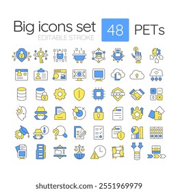 Privacy-enhancing technologies RGB color icons set. Data security, protection and encryption. Isolated vector illustrations. Simple filled line drawings collection. Editable stroke