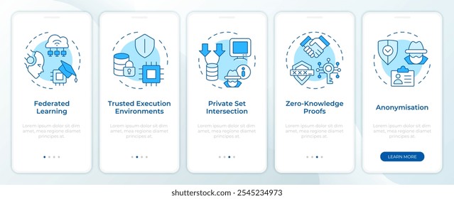 Tecnologías que mejoran la privacidad tipos de pantalla azul del App móvil de incorporación. Instrucciones editables de 5 pasos con conceptos lineales. PLANTILLA UI, UX, GUI