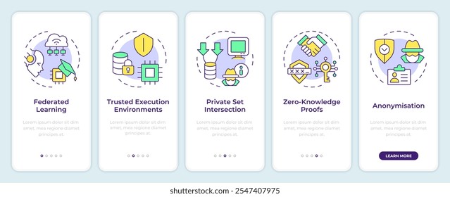 Tipos de tecnologías que mejoran la privacidad incorporando la pantalla del App móvil. Instrucciones gráficas editables de 5 pasos con conceptos lineales. PLANTILLA UI, UX, GUI