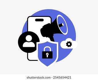 Ilustração de marketing baseada em privacidade com ícone de cadeado, anúncios direcionados e telefone celular, simbolizando estratégias de anúncios baseados em consentimento que priorizam a privacidade do usuário, reduzindo o rastreamento de dados e aprimorando a segurança