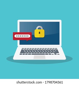 Private access to documents. Notification with authorization, password form on laptop screen.