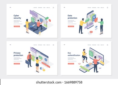 Private access, profile security isometric landing page templates set. Cyber security, data and privacy protection, duo authentication. Account holders and program developers cartoon characters