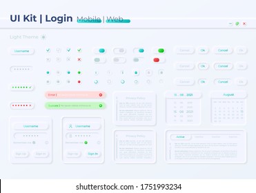 Kit de elementos de interfaz de usuario de acceso a cuenta privada. Configuración de inicio de sesión icono vectorial aislado, barra y plantilla de panel. Colección de widgets de diseño web para aplicaciones móviles con interfaz de tema claro