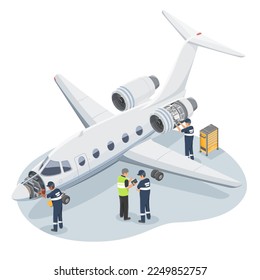 Private Airplane Engineer Technician Maintenance and Repair Service Small Jet Business Flight Cost white illustration isometric isolated vector