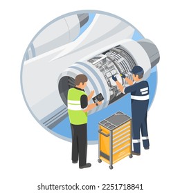 Private Airplane Engineer Technician Maintenance aircraft Jobs and Repair Service Small Jet Engine  illustration isometric isolated symbols vector 