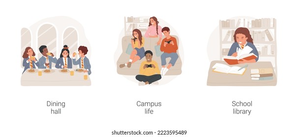 Private boarding school isolated cartoon vector illustration set. Dining hall, campus life, school library, student canteene, independent life, study time doing homework vector cartoon.