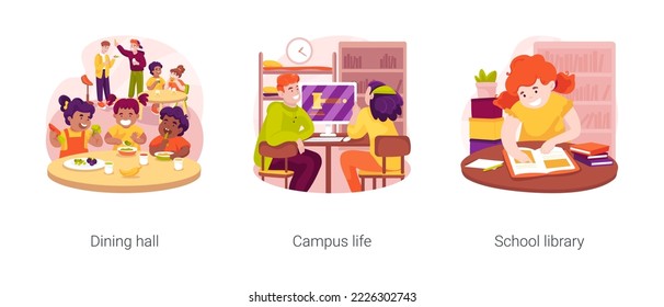 Private boarding school isolated cartoon vector illustration set. Dining hall, campus life, school library, student canteene, independent life, study time doing homework vector cartoon.