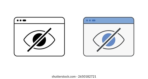 Private browsing icon with browser window and hidden eye symbol, ideal for secure navigation, online privacy, and everyday digital protection illustrations.