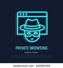 Private browsing neon thin line icon: person in hat and face mask on web page. Modern vector illustration.