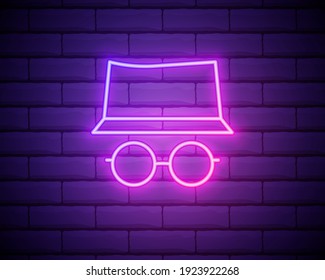 Private browsing neon thin line icon: person in hat and face mask on web page. Modern vector illustration