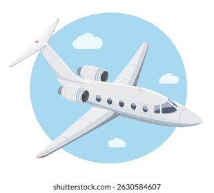 Private business jet flying above the clouds with clear blue sky in modern isometric cartoon style illustration
