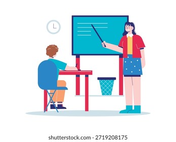A private class of young boys is being explained by a female teacher. Character design. Vector flat illustration