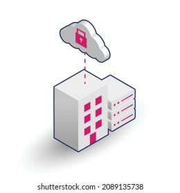 Private Cloud Icon. This illustration shows the concept of Private Cloud which has a corporate building and its own server connected to the cloud. It means you can access your corporate data anywhere.