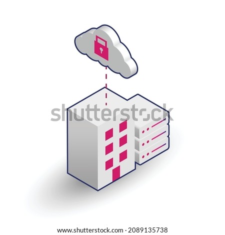 Private Cloud Icon. This illustration shows the concept of Private Cloud which has a corporate building and its own server connected to the cloud. It means you can access your corporate data anywhere.
