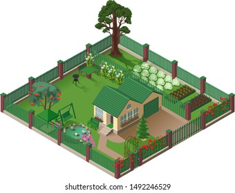 Private country house cottage and garden. American suburbia home isometric illustration. Vector 3d isolated