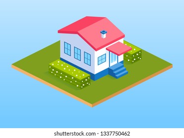 Private country house, cottages with bushes. Isometric 3d building. Vector illustration. 