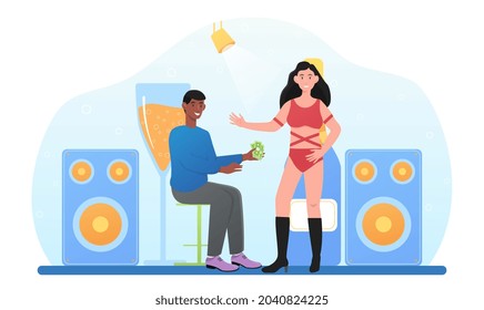 Private dance order. Man pays money to girl for her dance. Female stripper web banner or landing page. Adult entertainment, erotica. Cartoon flat vector illustration isolated on white background