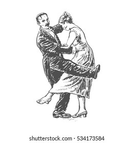 Private dancers. Couple dancing. Vintage vector lineart engraving style. Victorian Era hand drawn illustration