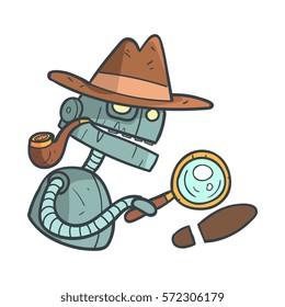 Private Detective Blue Robot With Magnifying Glass And Pipe Cartoon Outlined Illustration With Cute Android And His Emotions