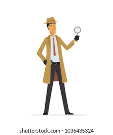Private detective - cartoon people characters illustration isolated on white background. An image of a stylish handsome man in a coat, hat and gloves with a loupe screwing up his eyes