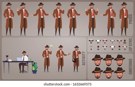 Private Detective character Set. Collection of character body Poses, facial gestures, investigation activities and Lip syncs poses. Ready-to-use and animate, character set. Vector illustration.