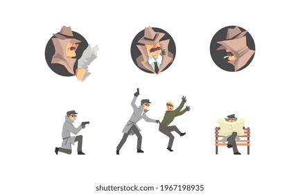 Private Detective Characters at Work Set. Police Inspector Investigating Crime, Chasing and Arrested Criminals Cartoon Vector Illustration