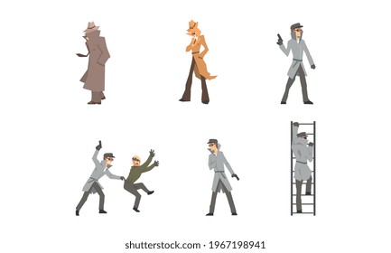 Private Detective Characters at Work Set. Police Inspector Investigating Crime and Arrested Criminal Cartoon Vector Illustration