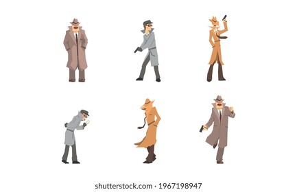 Private Detective Characters at Work Set. Police Inspector Investigating Crime Cartoon Vector Illustration