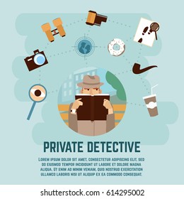 Private detective concept with camera magnifying glass and book flat vector illustration