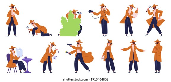 Private detective. Crime investigation detective inspector, spy male character evidence detect. Detective at work vector illustration set. Private detective police, agent with magnifying glass