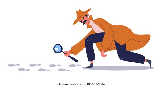 Private detective follows footprints. Detective character crime investigation, private investigator on trail. Detective character vector illustration set. Detective with magnifying, find footprint