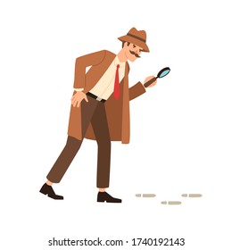 Private detective going on trace look through magnifying glass vector flat illustration. Inspector in coat, hat and mustache hold magnifier watch on mystery footprint isolated on white background