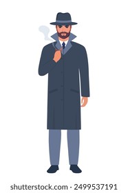 Detective privado con sombrero gris y abrigo. Personaje de hombre guapo con pipa de fumar. Ilustración vectorial aislada sobre fondo blanco